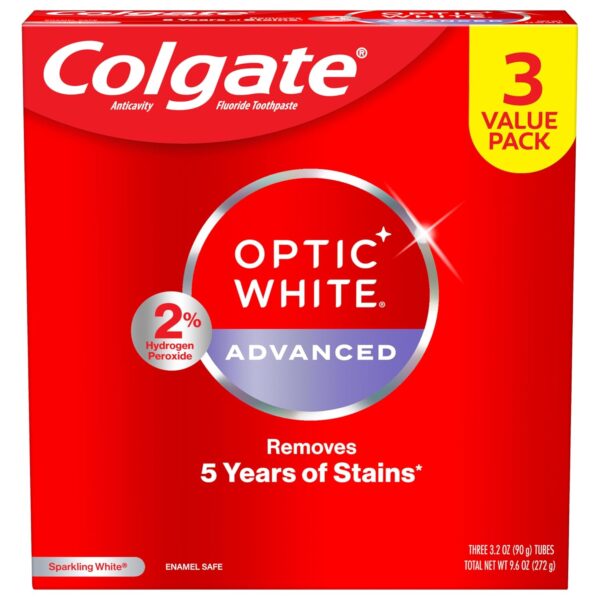 Colgate Optic White Advanced Hydrogen Peroxide Toothpaste, Teeth Whitening Toothpaste Pack, Enamel-Safe Formula