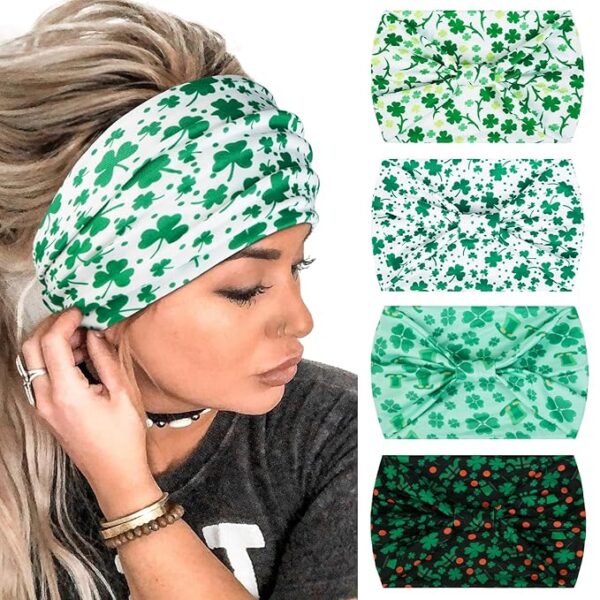 Huachi 4 Packs St. Patrick's Day Headbands for Women Wide Knotted Green Shamrock Head Bands for Women's Hair